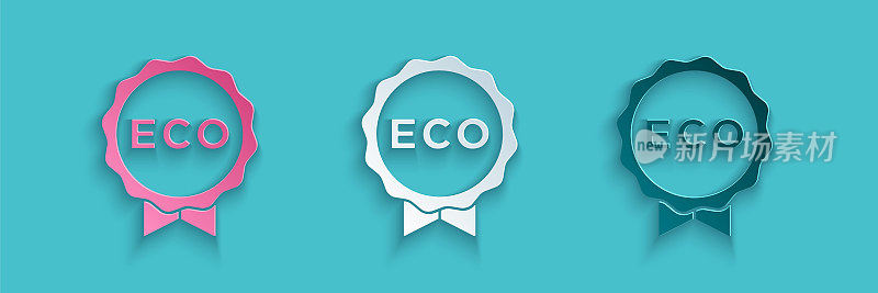 Paper cut Banner, label, tag, logo for eco green healthy food icon isolated on blue background. Organic product. Healthy food sticker. Paper art style. Vector